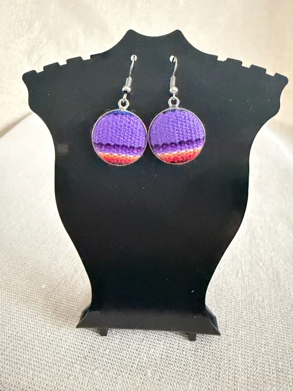 Purple and Red Round Fabric Drop Earrings